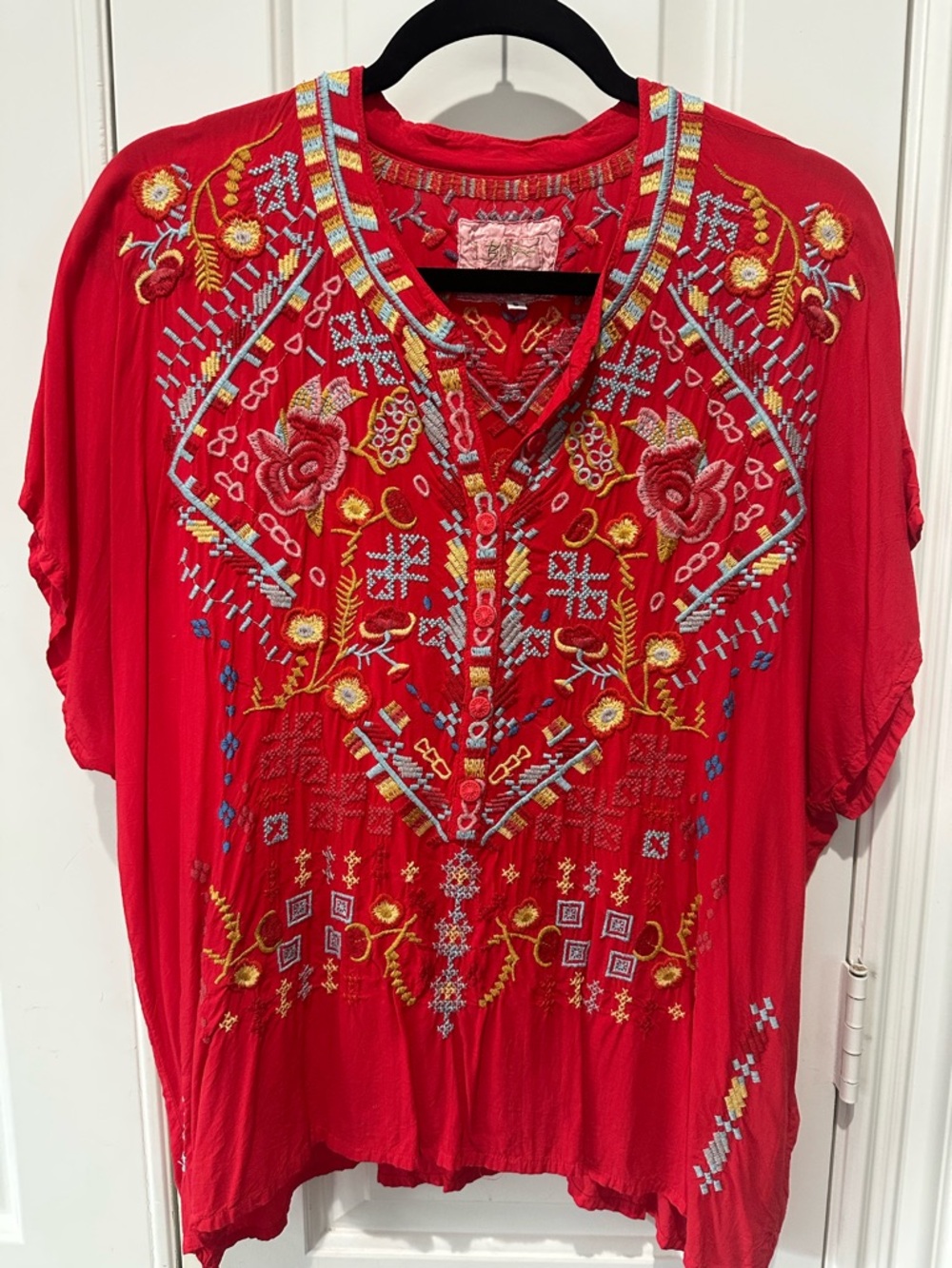 Johnny Was Red Embroidered V-Neck Tunic